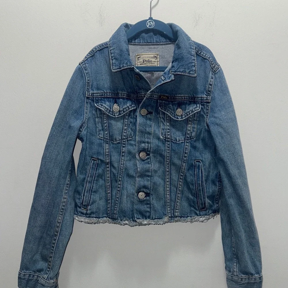 Polo Ralph Lauren Girls Denim Jacket Medium Wash Cropped Frayed Hem Size 12